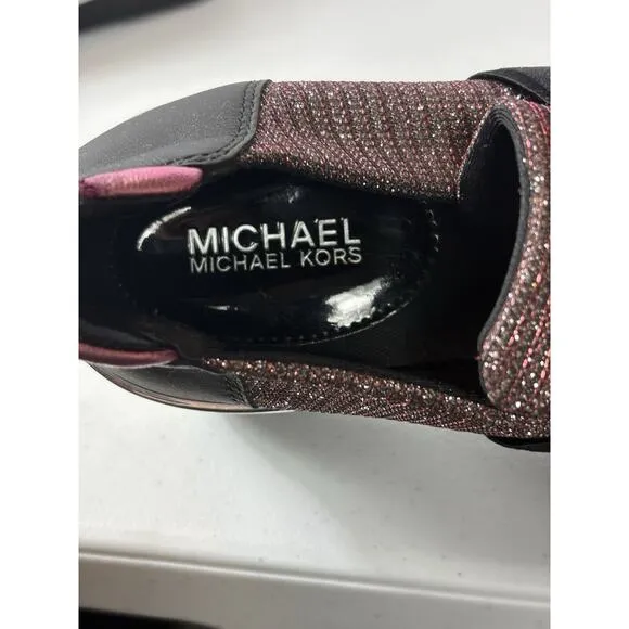 Michael Kors Women’s Leather Felix Trainer Shoes Size 9.5 Black Pink Chain Mesh
