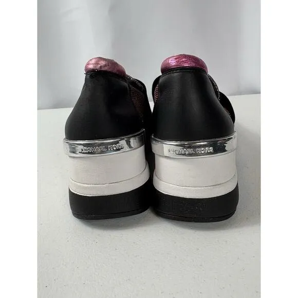 Michael Kors Women’s Leather Felix Trainer Shoes Size 9.5 Black Pink Chain Mesh
