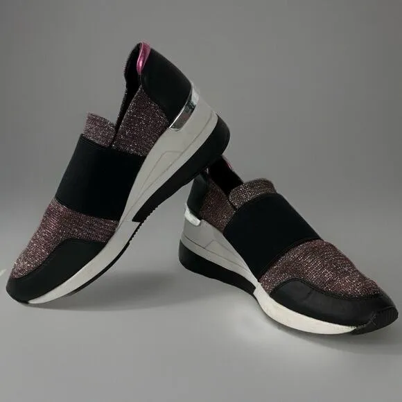 Michael Kors Women’s Leather Felix Trainer Shoes Size 9.5 Black Pink Chain Mesh