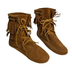 Minnetonka Boho style Brown Double Fringe Tramper Moccasin Boot SZ 7