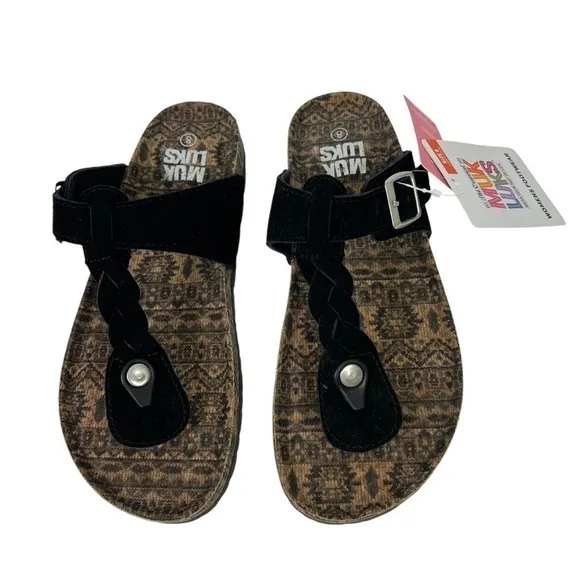 Muk Luks Women’s Sandals Sz 8 Jet Black Genuine Suede Upper Molded Footbed