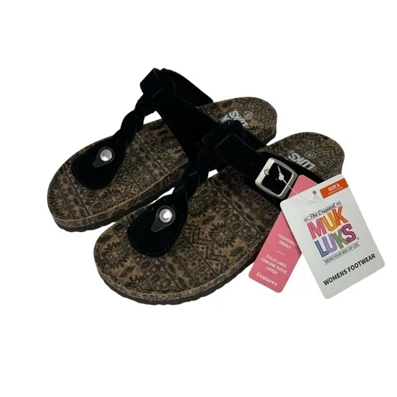 Muk Luks Women’s Sandals Sz 8 Jet Black Genuine Suede Upper Molded Footbed