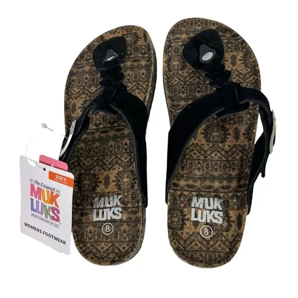Muk Luks Women’s Sandals Sz 8 Jet Black Genuine Suede Upper Molded Footbed
