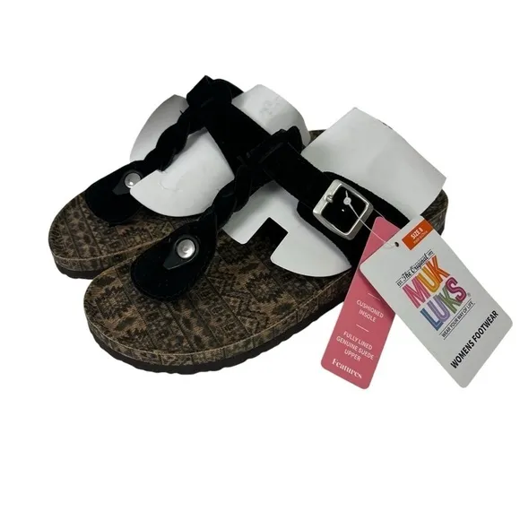 Muk Luks Women’s Sandals Sz 8 Jet Black Genuine Suede Upper Molded Footbed