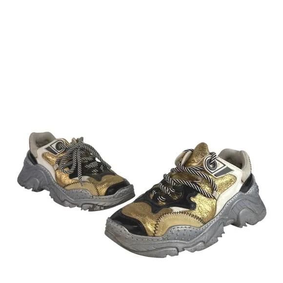 Nº21 Billy Silver Gold Leather Low Top Lace Up Athletic Sneakers Shoes 39.5 US 9