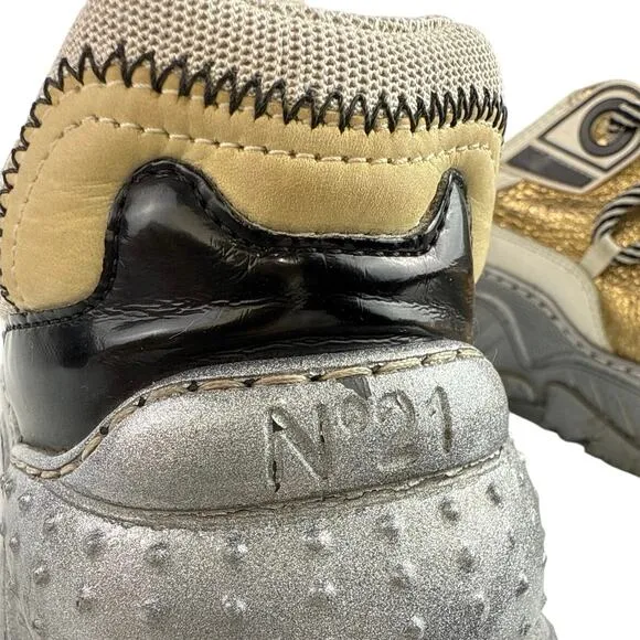 Nº21 Billy Silver Gold Leather Low Top Lace Up Athletic Sneakers Shoes 39.5 US 9