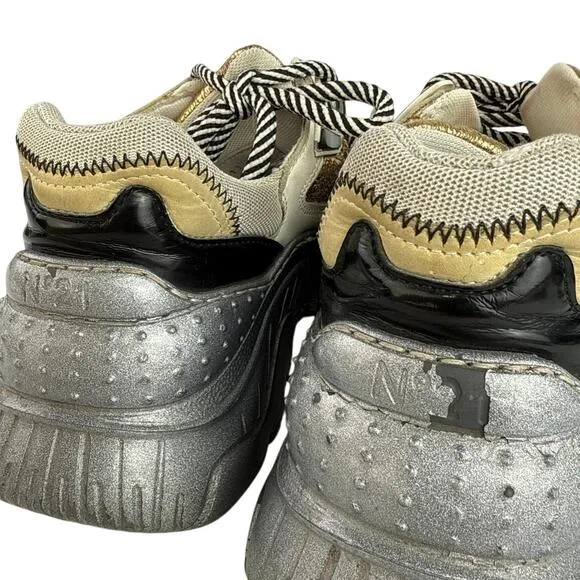 Nº21 Billy Silver Gold Leather Low Top Lace Up Athletic Sneakers Shoes 39.5 US 9