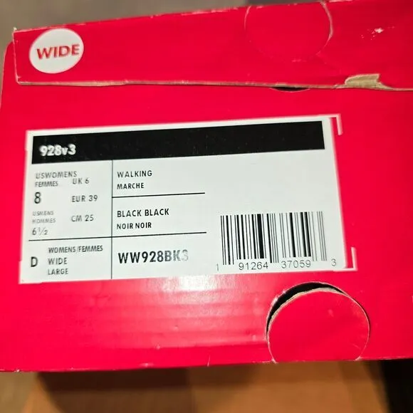 New Balance Women's 928 V3 Lace-up Walking Shoes, Black Size 8 Wide Original Box