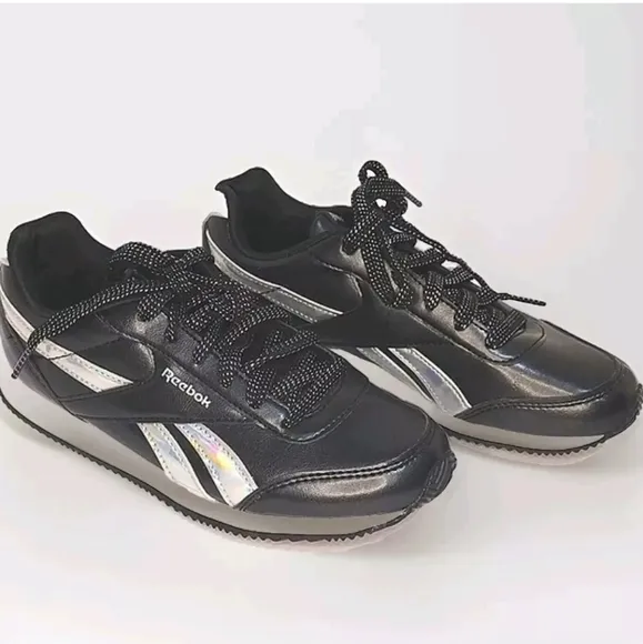 New Reebok Royal Glide Black &amp; Silver Leather Sneakers US 2