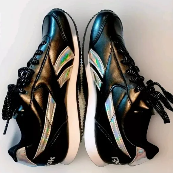 New Reebok Royal Glide Black &amp; Silver Leather Sneakers US 2