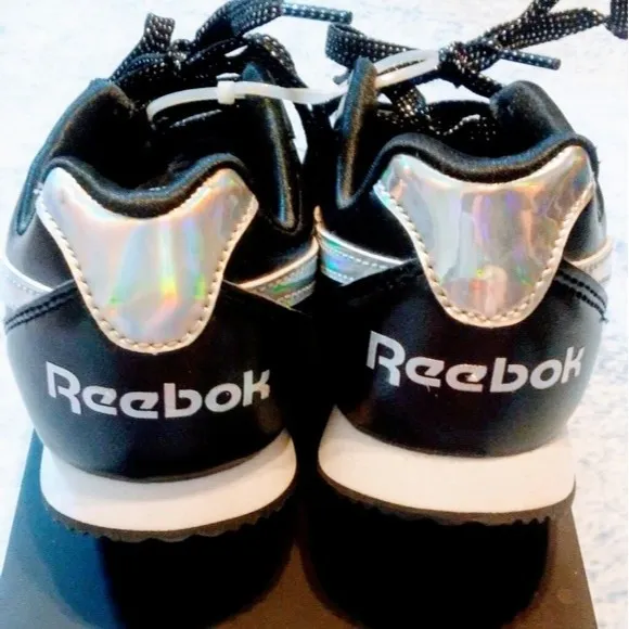 New Reebok Royal Glide Black &amp; Silver Leather Sneakers US 2