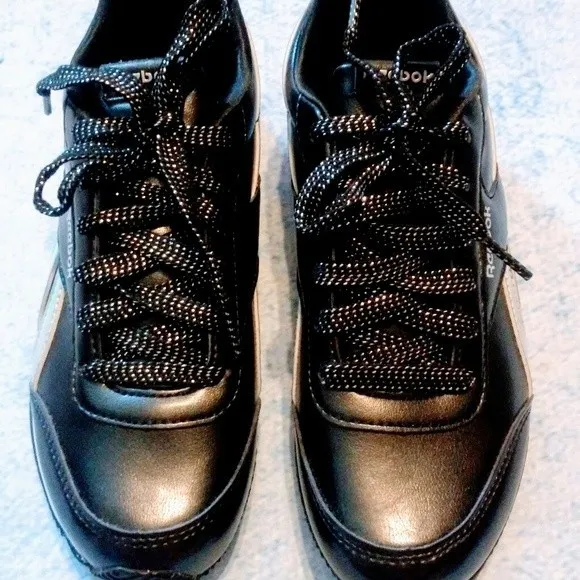 New Reebok Royal Glide Black &amp; Silver Leather Sneakers US 2
