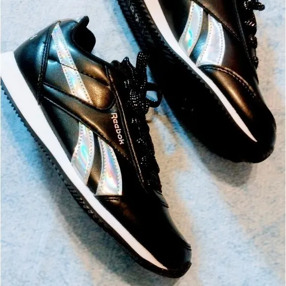 New Reebok Royal Glide Black &amp; Silver Leather Sneakers US 2