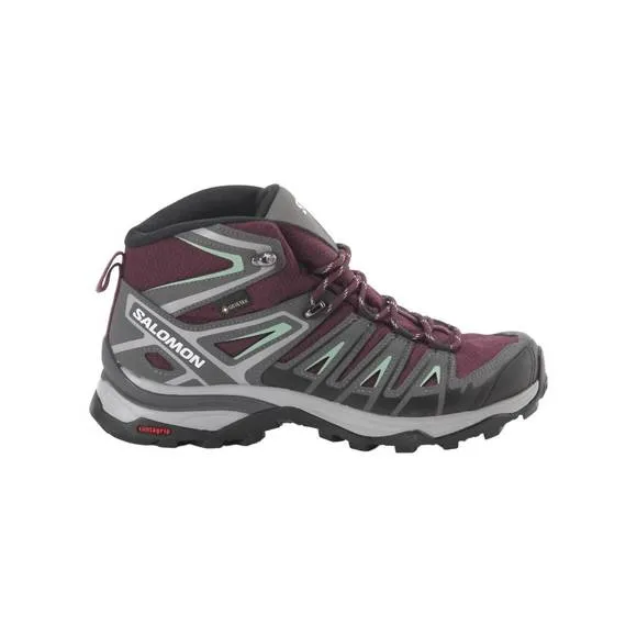NEW SALOMON women's x ultra pioneer mid hiking shoes in wine tasting/magnet/gran