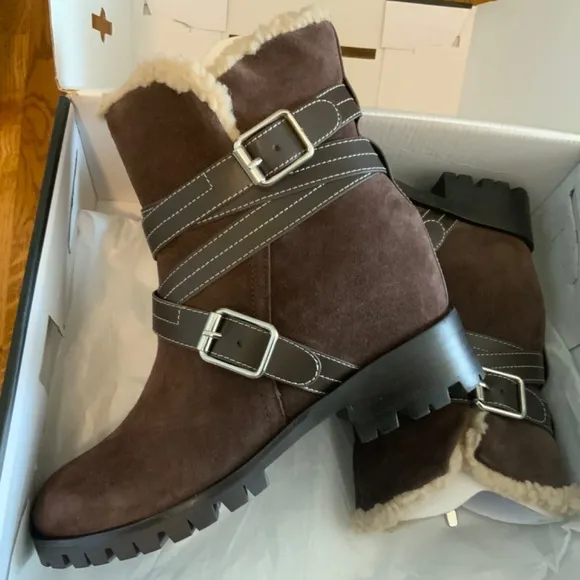 Nine West Davyd Wedge Buckle Booties Brown Suede Leather Women's Winter Boots 8