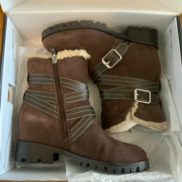 Nine West Davyd Wedge Buckle Booties Brown Suede Leather Women's Winter Boots 8