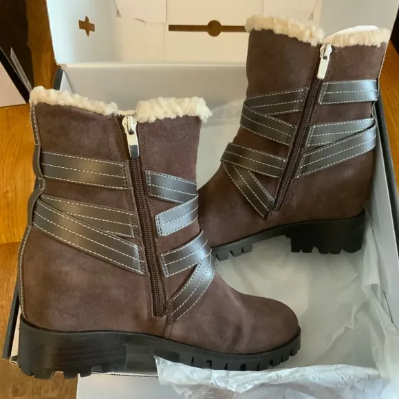 Nine West Davyd Wedge Buckle Booties Brown Suede Leather Women's Winter Boots 8
