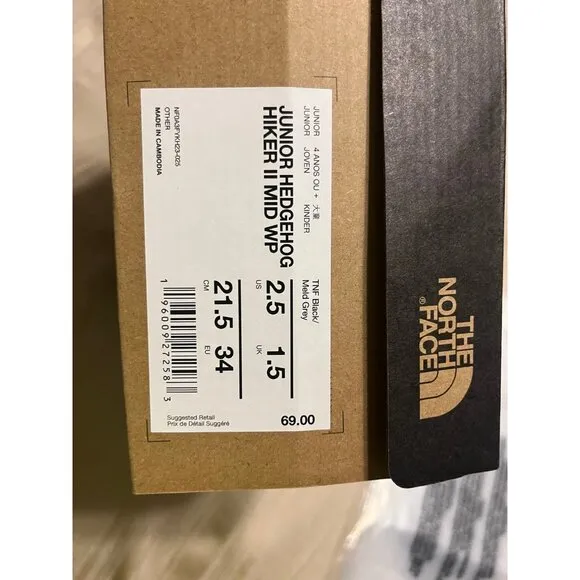 North Face Jr Hiking Boots Kids Size 2.5 Hedgehog Hiker II Mid Ankle NIB