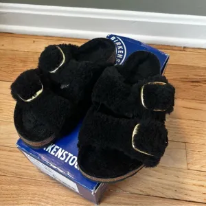 NWB Size 36 / 5 Birkenstock Arizona Big Buckle Teddy Sandals black gold