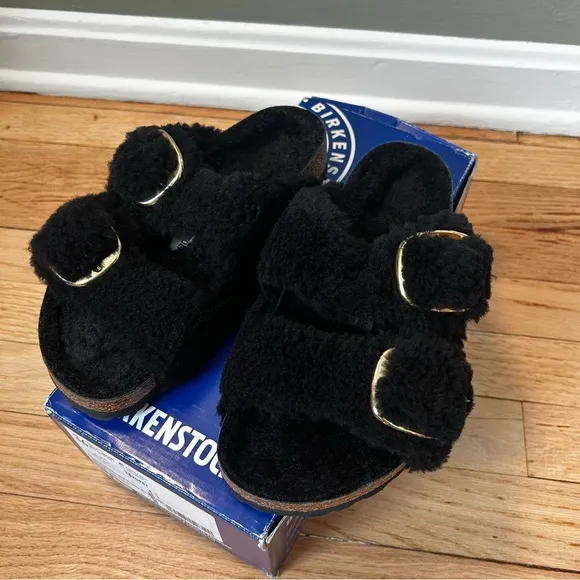 NWB Size 36 / 5 Birkenstock Arizona Big Buckle Teddy Sandals black gold