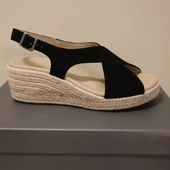 NWT ABEO Riviera Cross wedge espadrille sandals black suede size 6.5