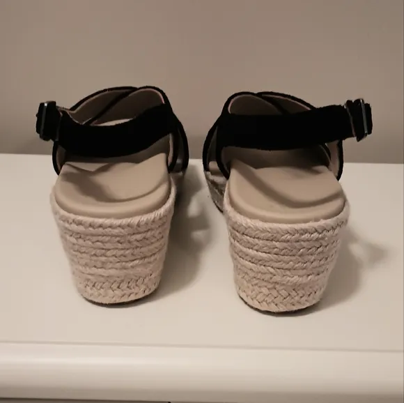 NWT ABEO Riviera Cross wedge espadrille sandals black suede size 6.5