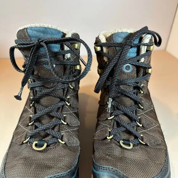 Oboz Juniper Mid Waterproof Hiking Boots 9.5 Women's BDry Brown Blue Knit Lined