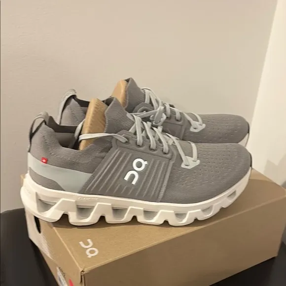 On Running Gray and White Athletic Shoes with Cloud Pods