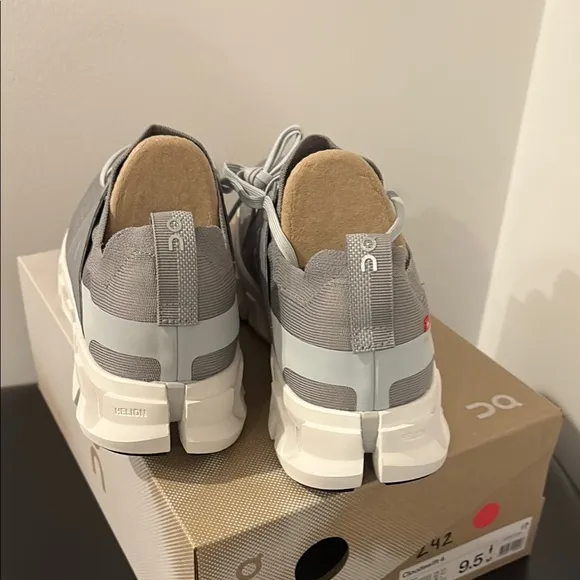 On Running Gray and White Athletic Shoes with Cloud Pods