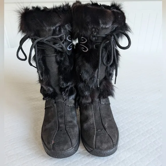 Overland women’s size 5 Black Sherpa Fox Fur Wool Leather Winter Snow Boots