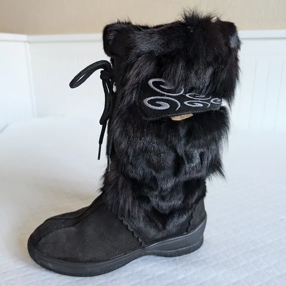 Overland women’s size 5 Black Sherpa Fox Fur Wool Leather Winter Snow Boots
