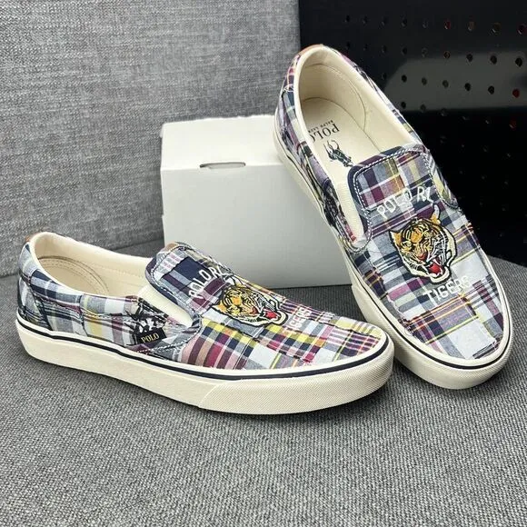 Polo Ralph Lauren Sneakers Keaton Slip On Casual Tiger Plaid Shoes Mens Size 8.5
