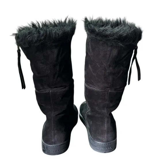 Prada Genuine Suede and Shearling Black Winter Snow Boots