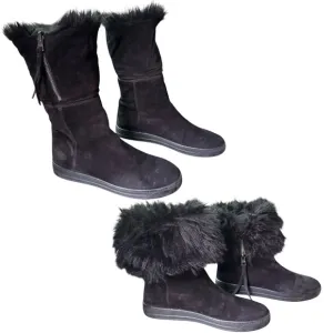 Prada Genuine Suede and Shearling Black Winter Snow Boots