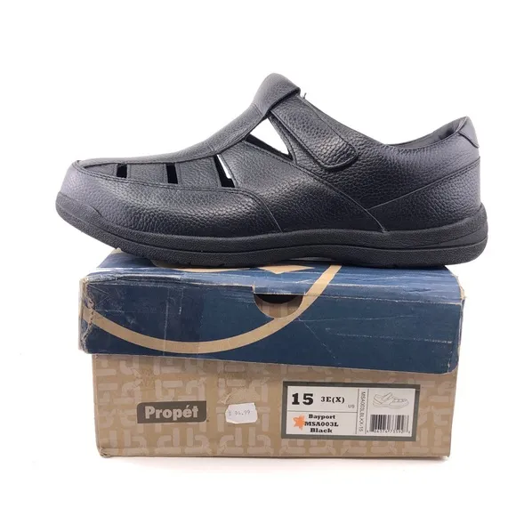 Propet Bayport Black Leather Summer Fisherman Sandals 15 (3E) X Wide