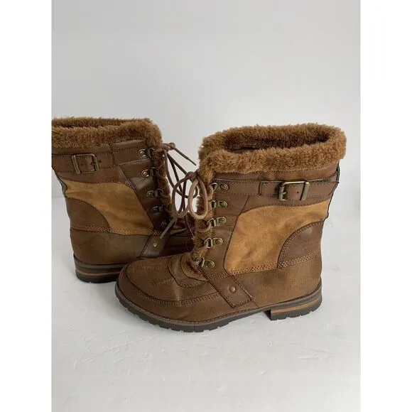 Rock &amp; Candy New Danlea Brown Mid Calf Winter Snow Faux Fur Lace Up Boots Sz 9