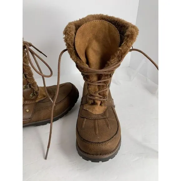 Rock &amp; Candy New Danlea Brown Mid Calf Winter Snow Faux Fur Lace Up Boots Sz 9