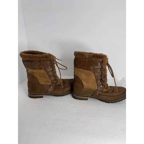 Rock &amp; Candy New Danlea Brown Mid Calf Winter Snow Faux Fur Lace Up Boots Sz 9