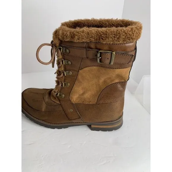 Rock &amp; Candy New Danlea Brown Mid Calf Winter Snow Faux Fur Lace Up Boots Sz 9