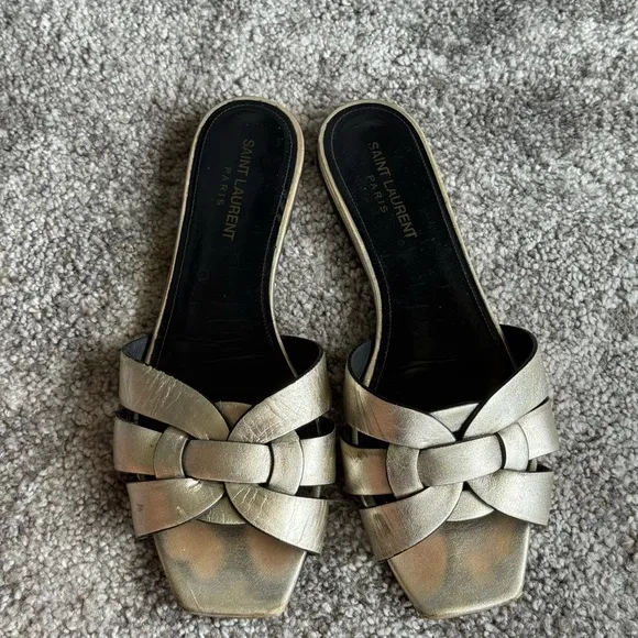 Saint Laurent Women's Silver Slide Sandals tribute