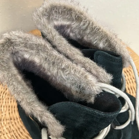 Sorel Explorer Joan Black/Dark Stone Winter Snow Boots Leather Lace Up Fur Lined
