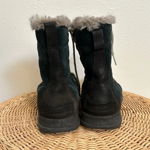 Sorel Explorer Joan Black/Dark Stone Winter Snow Boots Leather Lace Up Fur Lined