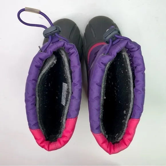 Sorel Flurry snow boots pink purple black rubber nylon drawstring top size 13