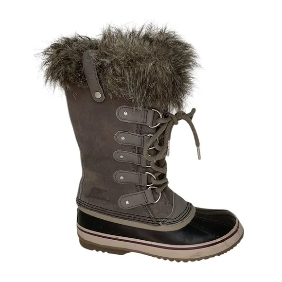SOREL Joan of Arc Boots Grey Suede Fur Waterproof Winter Snow Lace Up Size 6