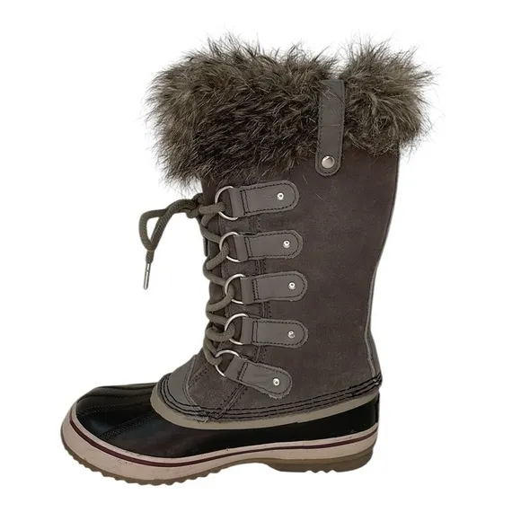 SOREL Joan of Arc Boots Grey Suede Fur Waterproof Winter Snow Lace Up Size 6