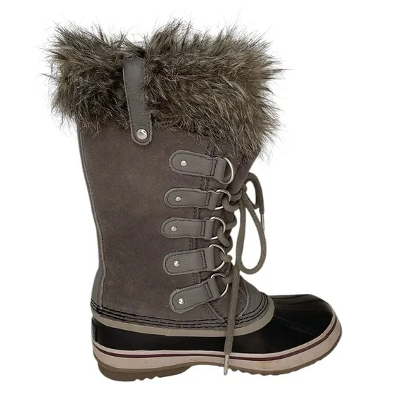 SOREL Joan of Arc Boots Grey Suede Fur Waterproof Winter Snow Lace Up Size 6