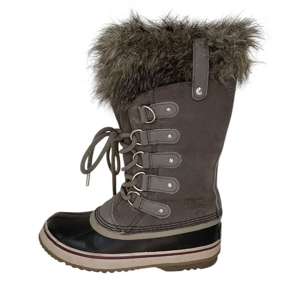 SOREL Joan of Arc Boots Grey Suede Fur Waterproof Winter Snow Lace Up Size 6