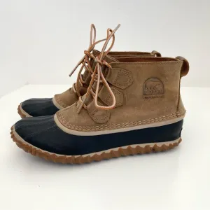 Sorel Out N About Leather Elk Brown Black Lace Up Winter Snow Duck Boots Size 7