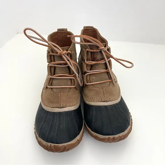 Sorel Out N About Leather Elk Brown Black Lace Up Winter Snow Duck Boots Size 7