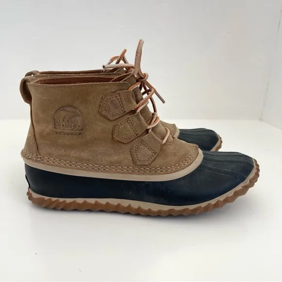 Sorel Out N About Leather Elk Brown Black Lace Up Winter Snow Duck Boots Size 7